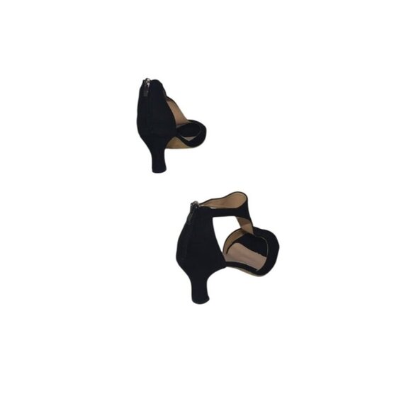Women's black open toe mid heel sandals with zipper closure and cut out design. - Picture 5 of 9